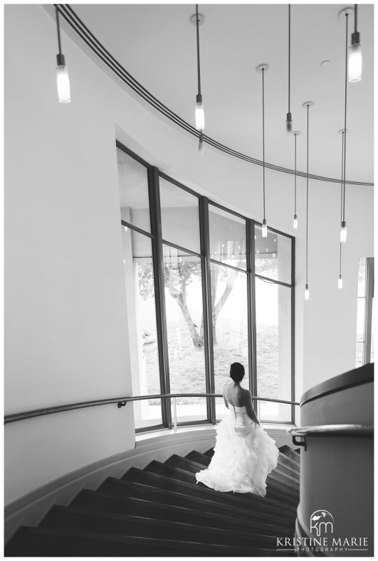 Bride in Spiral Staircase Center Theatre Wedding California Center for the Arts Escondido Wedding Photo | © Kristine Marie Photography