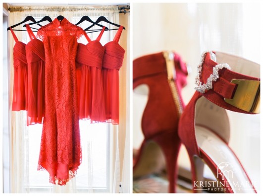 Red Bridesmaid Dress and Shoes | California Center for the Arts Escondido Wedding Photo | © Kristine Marie Photography