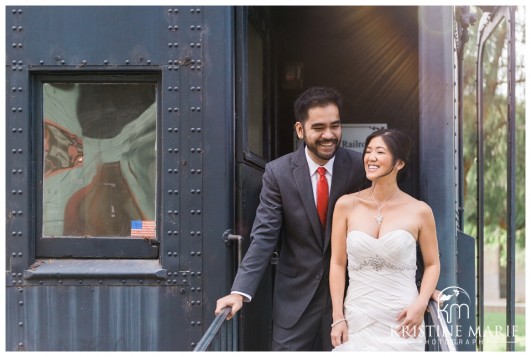 Bride and Groom Boarding Train | California Center for the Arts Escondido Wedding Photo | © Kristine Marie Photography