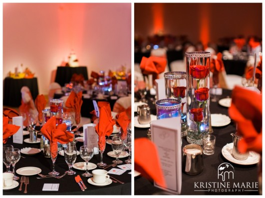 Red Center Pieces | California Center for the Arts Escondido Wedding Photo | © Kristine Marie Photography