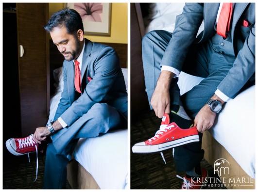 Groom Putting on Converse Shoes | California Center for the Arts Escondido Wedding Photo | © Kristine Marie Photography
