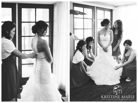 Bridesmaids Helping Bride into Dress | California Center for the Arts Escondido Wedding Photo | © Kristine Marie Photography