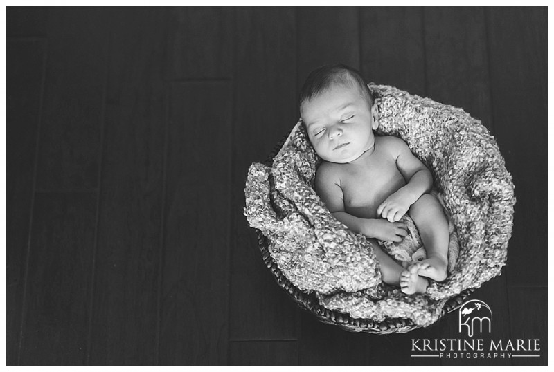 Black and White Photo of Newborn Baby in Basket | | San Diego Newborn Baby Photographer | Kristine Marie Photography © www.kristinemariephotography.com
