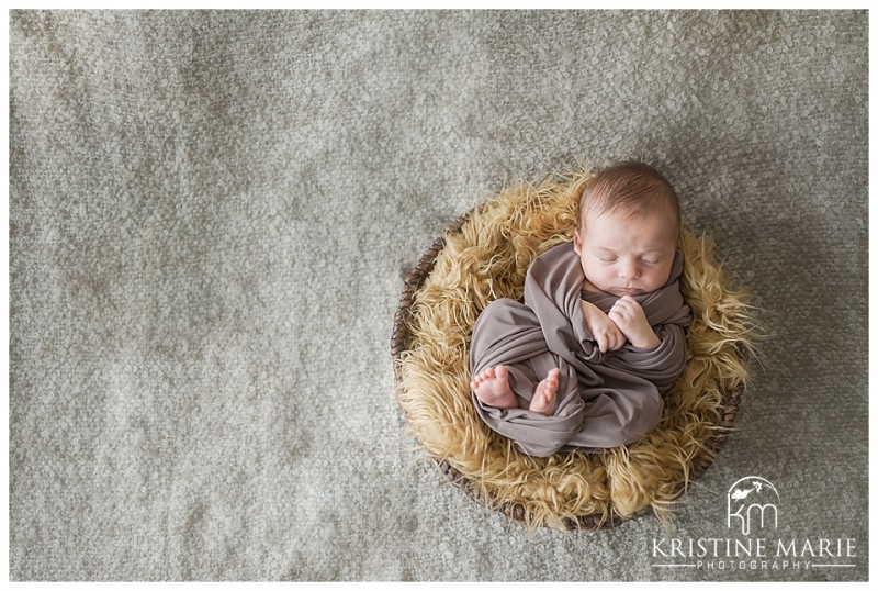 Newborn Baby Wrapped Up in a Basket Photo | | San Diego Newborn Baby Photographer | Kristine Marie Photography © www.kristinemariephotography.com