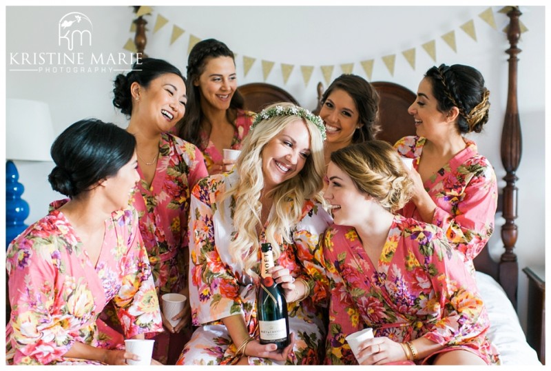 Bridesmaids in Floral Robes Drinking Champagne | Park Hyatt Aviara Resort Wedding | Carlsbad Wedding Photographer | Kristine Marie Photography © www.kristinemariephotography.com
