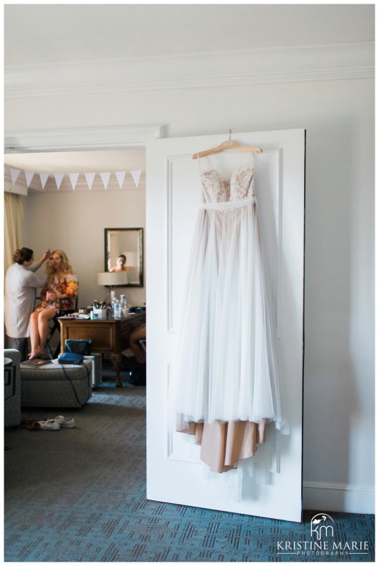 Bride getting Ready | BHLDN two-toned wedding dress | park hyatt aviara resort wedding | Kristine Marie Photography | © www.kristinemariephotography.com