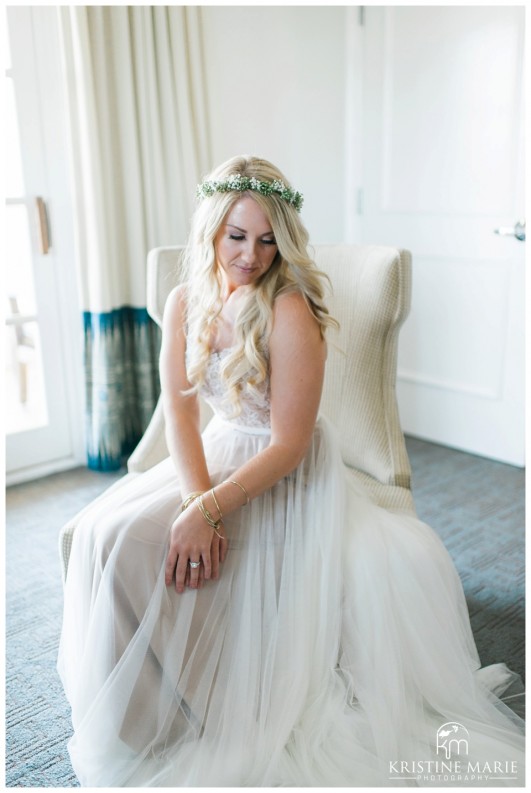 Portrait of Bride in BHLDN Wedding Dress and Floral Crown | Park Hyatt Aviara Resort Wedding | Carlsbad Wedding Photographer | Kristine Marie Photography © www.kristinemariephotography.com