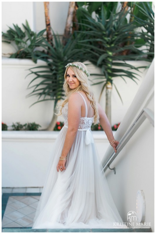 Bride Walking Down Stairs for First Look | Park Hyatt Aviara Resort Wedding | Carlsbad Wedding Photographer | Kristine Marie Photography © www.kristinemariephotography.com