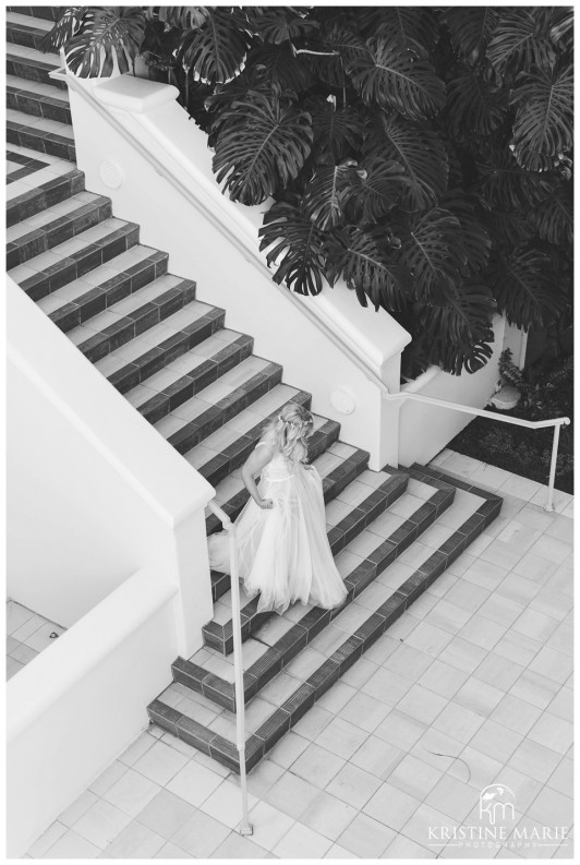 Bride Walking down Stairs | The First Look | Park Hyatt Aviara Resort Wedding | Carlsbad Wedding Photographer | Kristine Marie Photography © www.kristinemariephotography.com