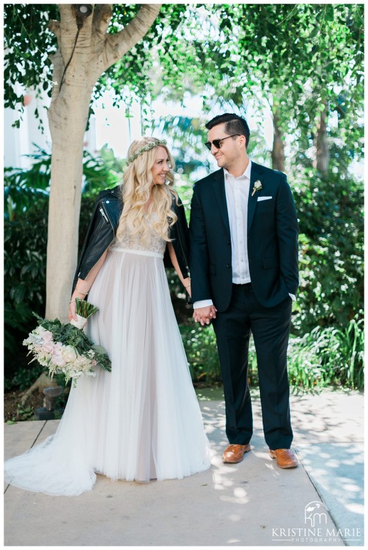 Stylish Bride and Groom | Bride in Leather Jacket Groom in Rayban Sunglasses | Park Hyatt Aviara Resort Wedding | Carlsbad Wedding Photographer | Kristine Marie Photography © www.kristinemariephotography.com