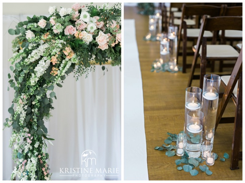Romantic Organic Floral Arch Tealights in Vases for Ceremony Aisle | Florals by Cherry Blossom Floral Design | Photo by Kristine Marie Photography | San Diego Wedding Photographer | Heritage Hall Magee Park Carlsbad Wedding | © www.kristinemariephotography.com