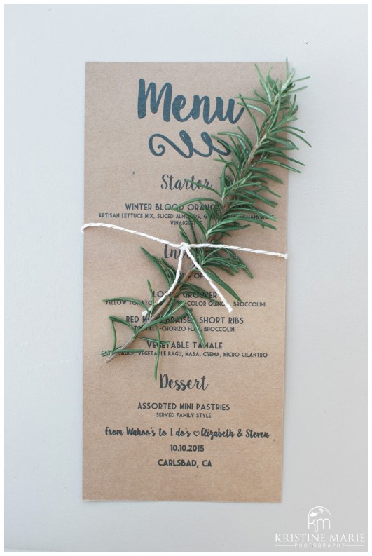 Menu with Rosemary Sprig | Photo by Kristine Marie Photography | San Diego Wedding Photographer | Heritage Hall Magee Park Carlsbad Wedding | © www.kristinemariephotography.com