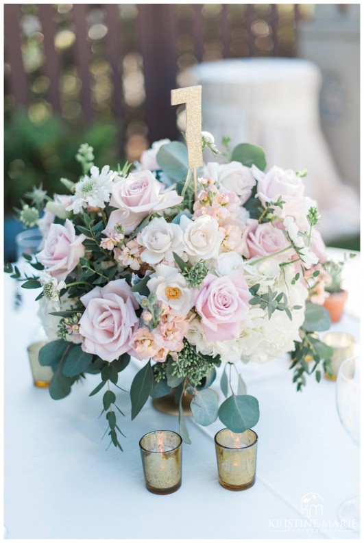 Floral Centerpiece Blush and Ivory Roses | Photo by Kristine Marie Photography | San Diego Wedding Photographer | Heritage Hall Magee Park Carlsbad Wedding | © www.kristinemariephotography.com
