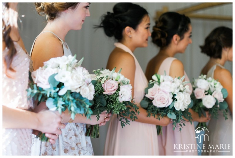 Blush Pink Floral Bouquets and Bridesmaid Dresses | Magee Park Heritage Hall Wedding Carlsbad San Diego Wedding Photographer | Kristine Marie Photography | © www.kristinemariephotography.com