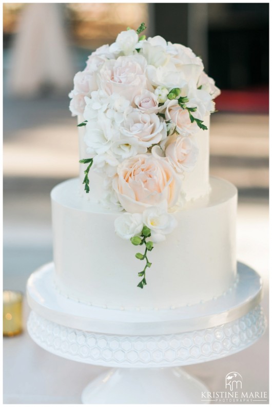 All White Wedding Cake with Blush Pink Flower Topper | | Photo by Kristine Marie Photography | San Diego Wedding Photographer | Heritage Hall Magee Park Carlsbad Wedding | © www.kristinemariephotography.com