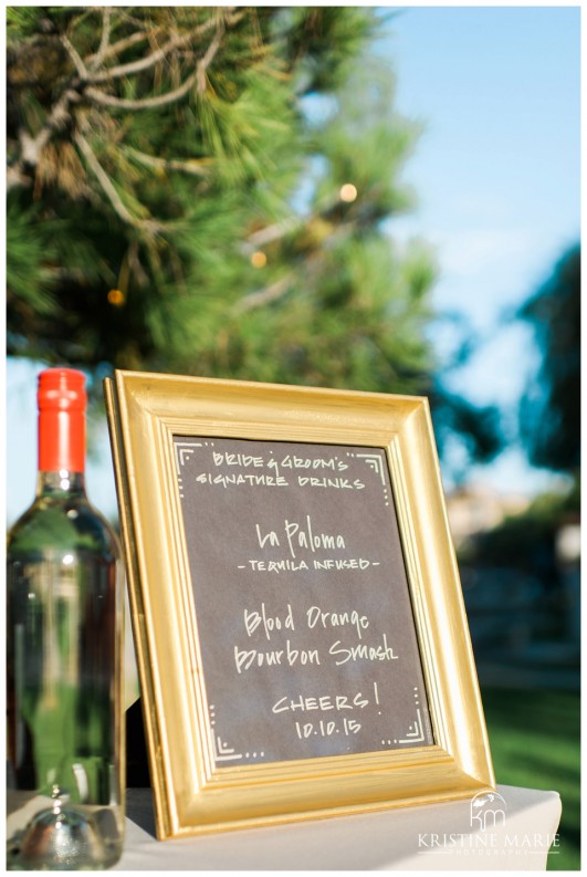 His and Hers Signature Cocktails | Dinner Table Decor | | Photo by Kristine Marie Photography | San Diego Wedding Photographer | Heritage Hall Magee Park Carlsbad Wedding | © www.kristinemariephotography.com