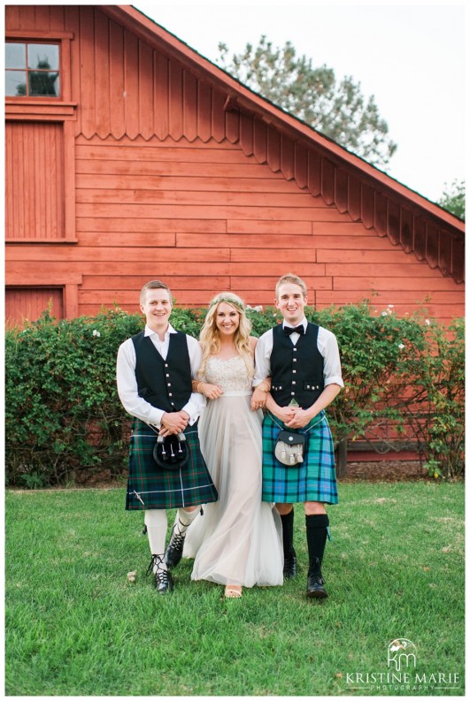 Bride with Groomsmen in Kilts | Dinner Table Decor | | Photo by Kristine Marie Photography | San Diego Wedding Photographer | Heritage Hall Magee Park Carlsbad Wedding | © www.kristinemariephotography.com