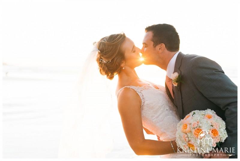 sunset kiss bride groom photo | Scripps Seaside Forum Wedding | La Jolla San Diego Wedding Photographer | Kristine Marie Photography | © www.kristinemariephotography.com