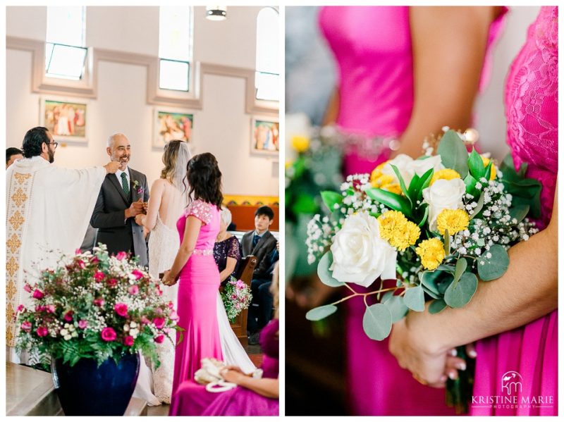 fuschia bridesmaids dress | Saint Anthony of Padua wedding | Balboa Park San Diego Wedding Photographer | Chula Vista Woman's Club | Kristine Marie Photography 