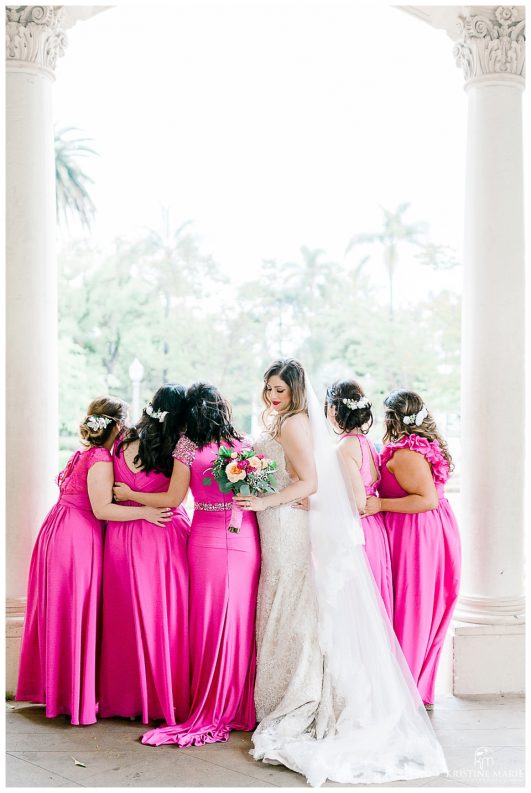 Bride and Bridesmaids in Fuschia Dress | Balboa Park San Diego Wedding Photographer | Kristine Marie Photography 