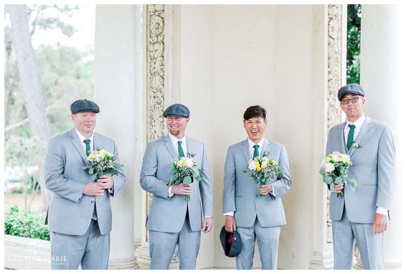 Groomsmen holding bouquets photo | Balboa Park San Diego Wedding Photographer | Kristine Marie Photography 