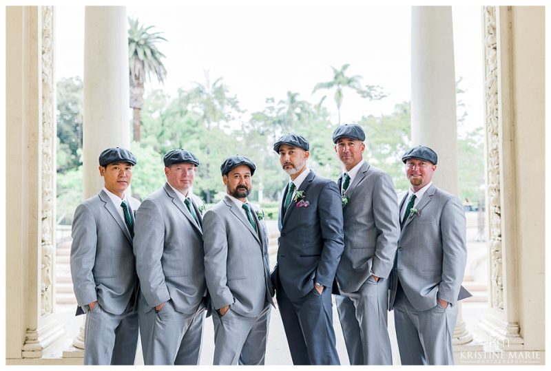 groom and groomsmen in grey suit and newsboy cap | | Balboa Park San Diego Wedding Photographer | Kristine Marie Photography 