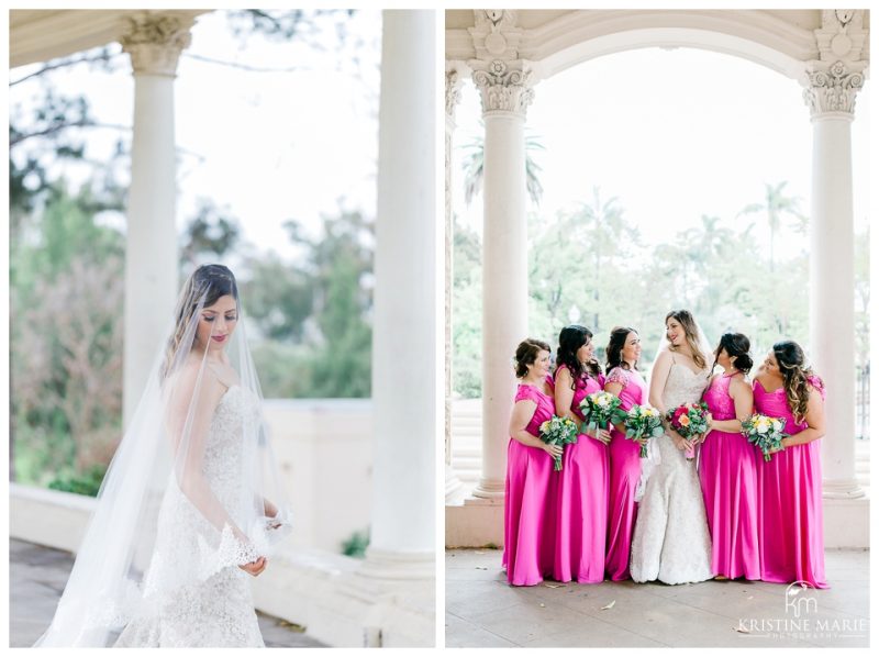 bride with long veil bridesmaids in fushia | Balboa Park San Diego Wedding Photographer | Kristine Marie Photography 