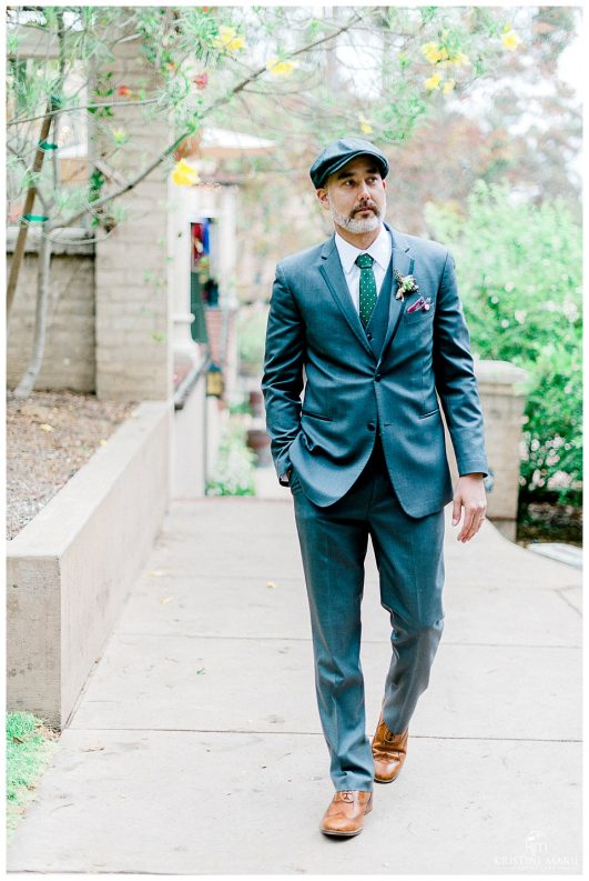 groom in polka dot green tie blue gray suit photo | Balboa Park San Diego Wedding Photographer | Kristine Marie Photography 