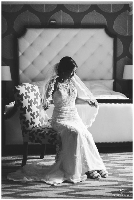 Black and White Photo of Bride with Veil | Kona Kai Resort Wedding Picture | San Diego | © Kristine Marie Photography