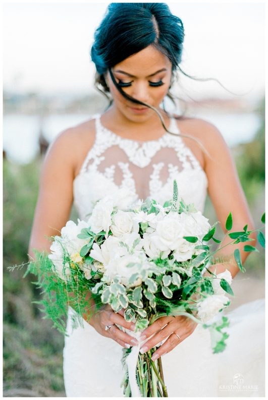organic white greenery roses bouquet bride | BRICK Liberty Station Wedding Picture San Diego Photographer | © Kristine Marie Photography 