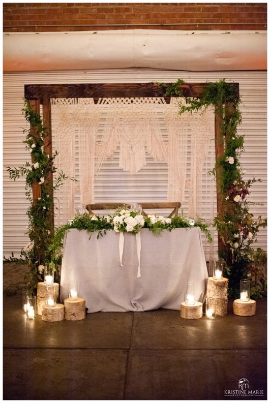 sweetheart table wooden floral reception details | BRICK Liberty Station Wedding Picture San Diego Photographer | © Kristine Marie Photography 